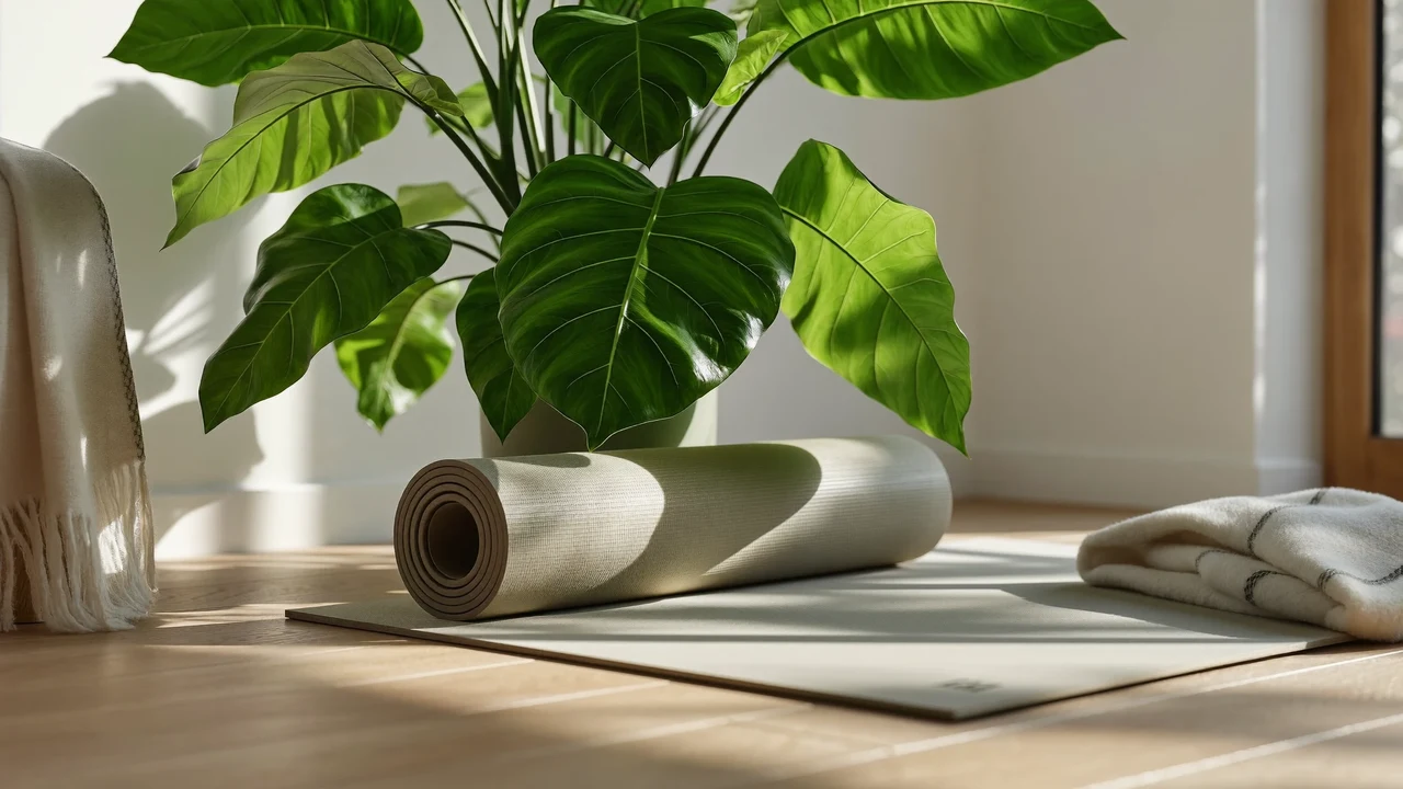 Sonnige Yoga-Ecke mit ausgerollter Matte auf heller Eiche, Pflanze und gefalteter Decke